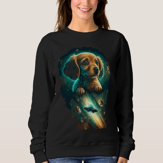 Galaxy Space Astronaut Puppy Dog Flying Ufo Aliens Sweatshirt (Front)