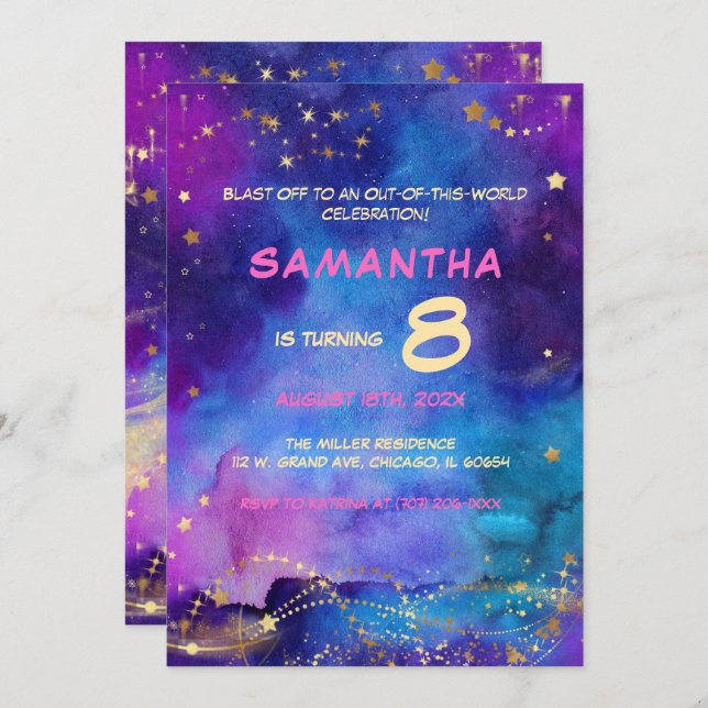 Galaxy Space Birthday Invitation for Kids (Front/Back)
