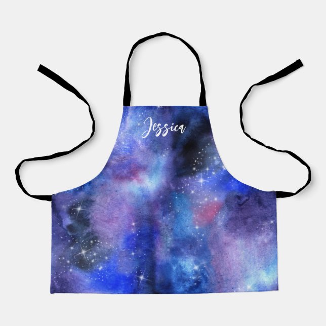 Galaxy Space Blue Custom Name Kids Apron (Front)