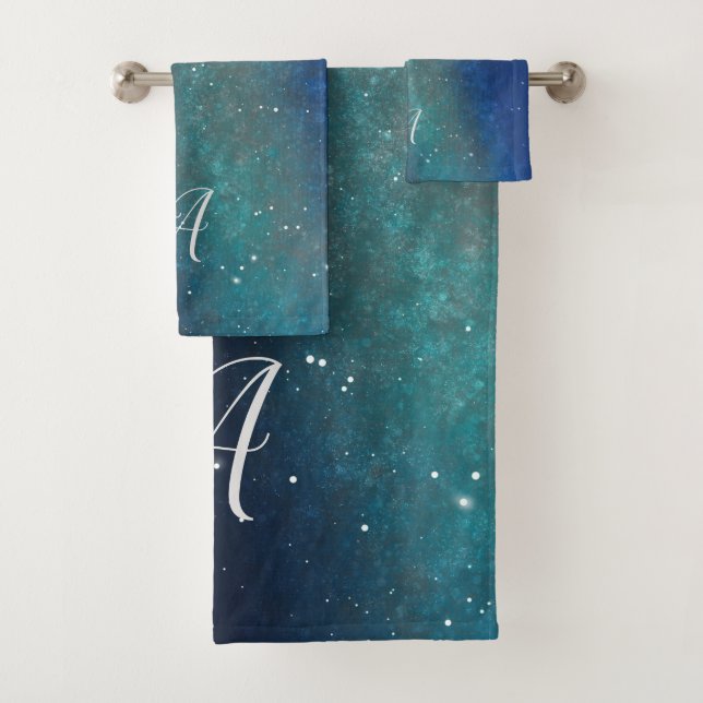 Galaxy Space Nebula Night Sky Green Personalised Bath Towel Set (Insitu)
