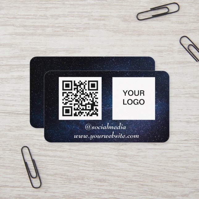 Galaxy Space Social media QR Code Navy Blue Modern Business Card (Front/Back In Situ)