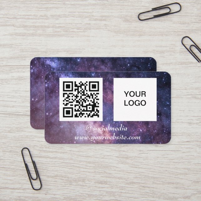 Galaxy Space Social media QR Code Purple Modern Business Card (Front/Back In Situ)