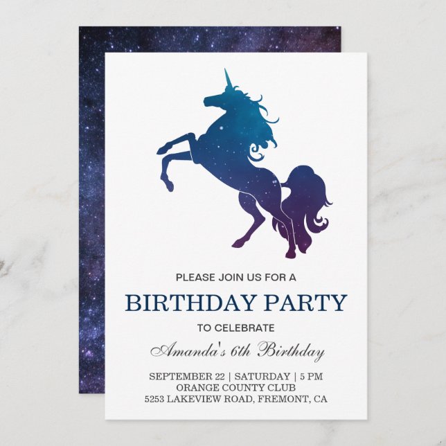 Galaxy Space Unicorn Birthday Party Invitation (Front/Back)