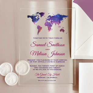 Galaxy Space World Map Wedding Acrylic Invitations