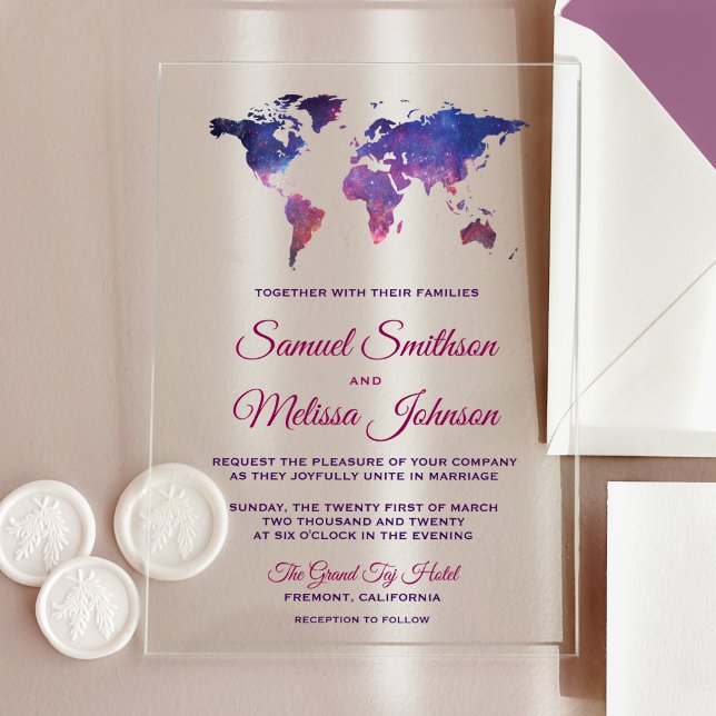 Galaxy Space World Map Wedding Acrylic Invitations (Creator Uploaded)