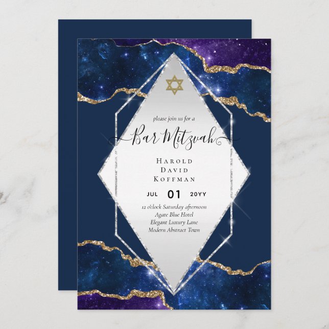 Galaxy Starry Night BAR MITZVAH Invitations Blue (Front/Back)