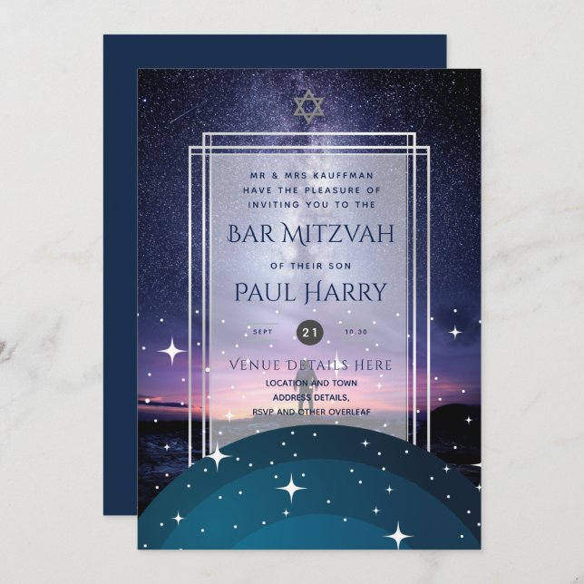 Galaxy Starry Night BAR MITZVAH Invitations Navy (Front/Back)