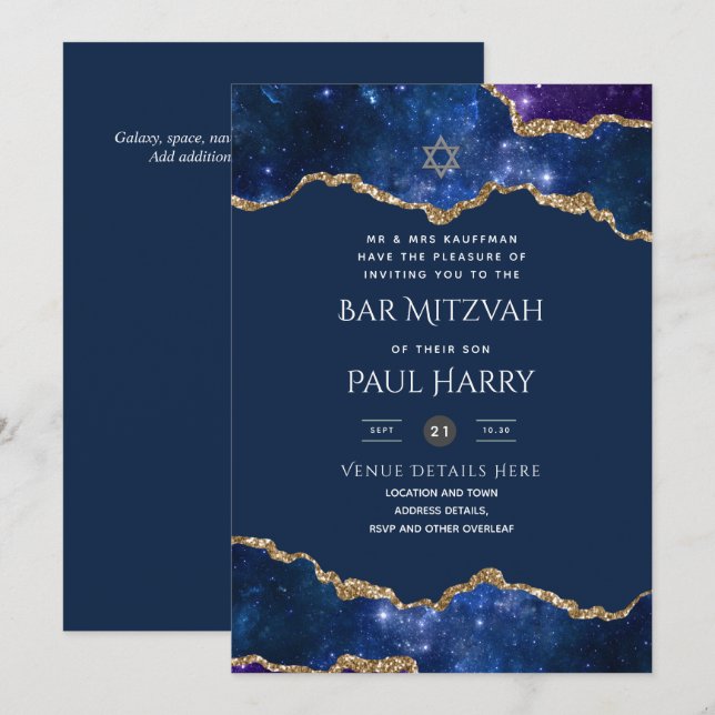 Galaxy Starry Night BAR MITZVAH Invitations Navy (Front/Back)