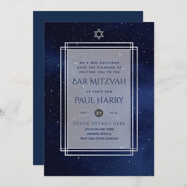 Galaxy Starry Night BAR MITZVAH Invitations Navy (Front/Back)