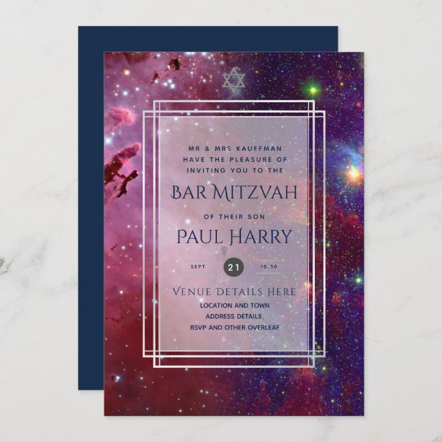Galaxy Starry Night BAR MITZVAH Invitations Navy (Front/Back)