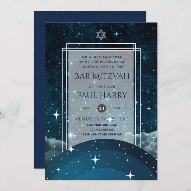 Galaxy Starry Night BAR MITZVAH Invitations Navy (Front/Back)