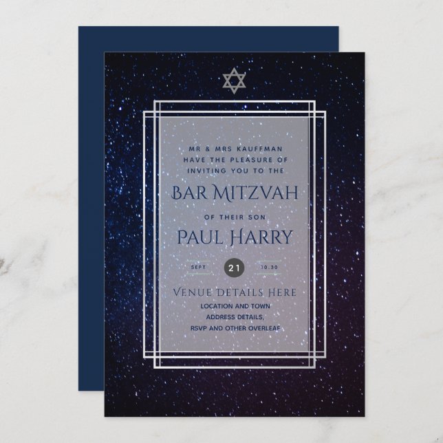 Galaxy Starry Night BAR MITZVAH Invitations Navy (Front/Back)