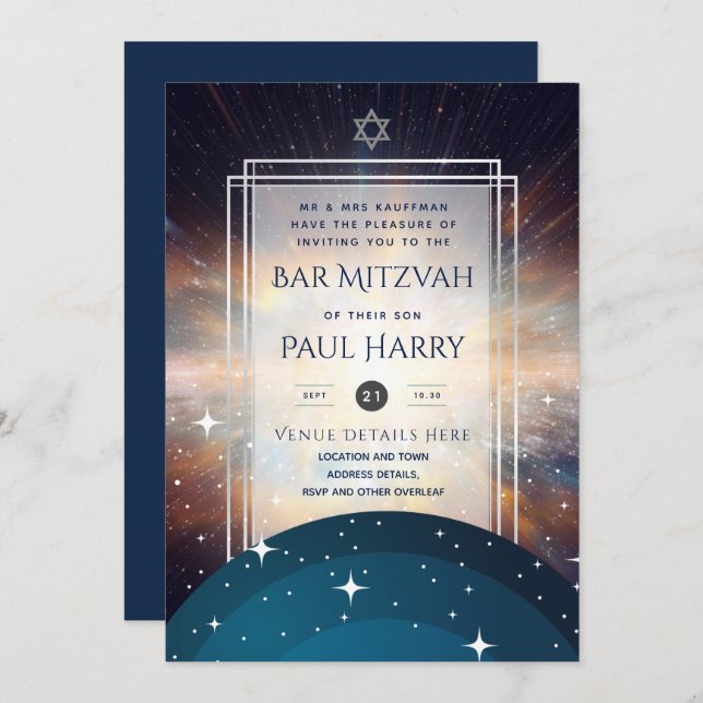 Galaxy Starry Night BAR MITZVAH Invitations Navy (Front/Back)