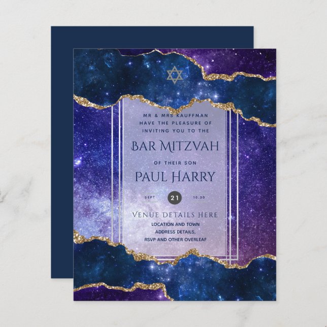 Galaxy Starry Night BAR MITZVAH Invitations Navy (Front/Back)