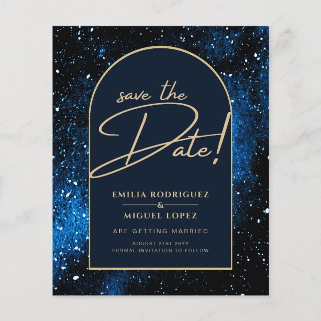 Galaxy Starry Night Blue Gold Wedding SAVE DATE Flyer (Front)