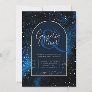 Galaxy Starry Night Navy Blue Gold Wedding Invitation