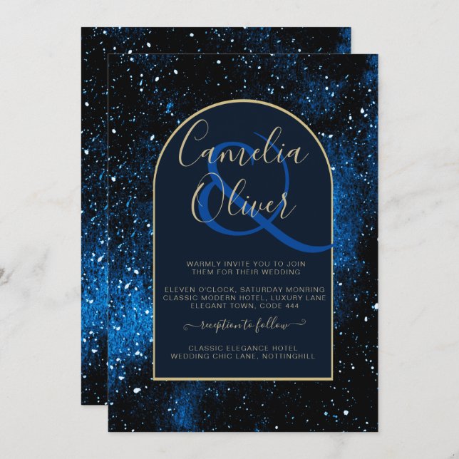 Galaxy Starry Night Navy Blue Gold Wedding Invitation (Front/Back)