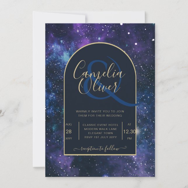 Galaxy Starry Night Navy Blue Gold Wedding Invitation (Front)