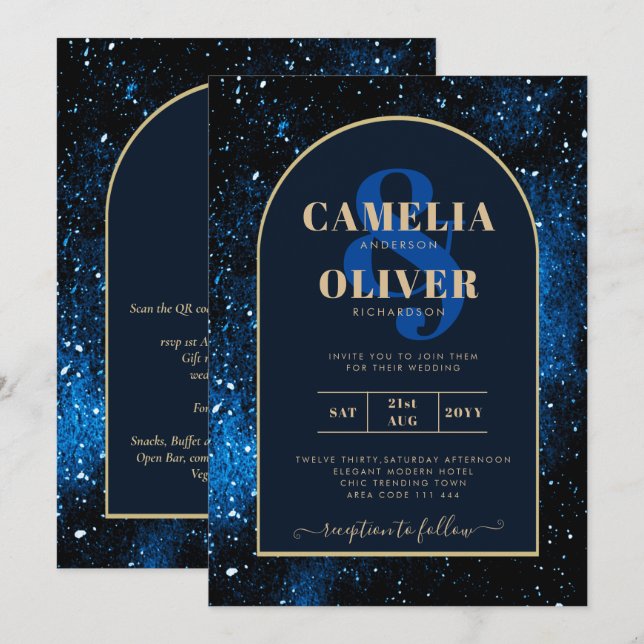 Galaxy Starry Night Navy Blue Gold Wedding Invitation (Front/Back)
