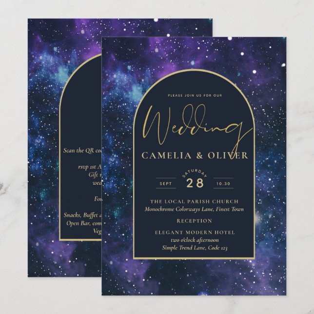 Galaxy Starry Night Purple Blue Gold Wedding Invitation (Front/Back)