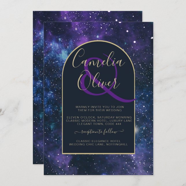 Galaxy Starry Night Purple Blue Gold Wedding Invitation (Front/Back)