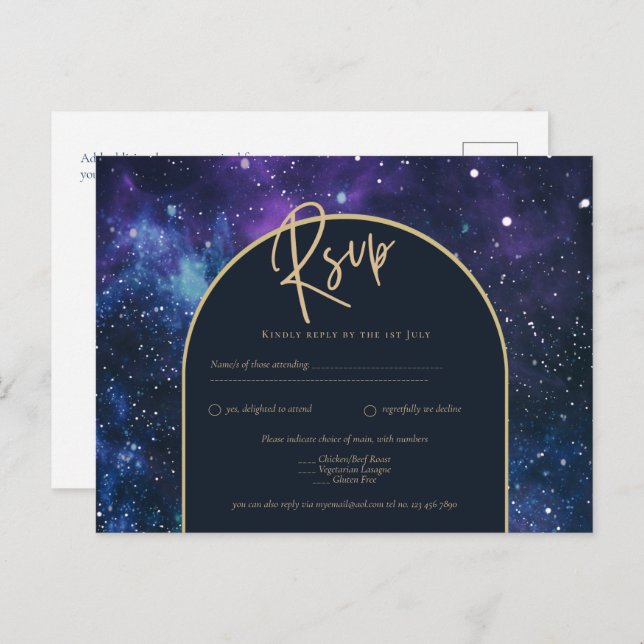 Galaxy Starry Night Purple Blue Gold Wedding RSVP Postcard (Front/Back)