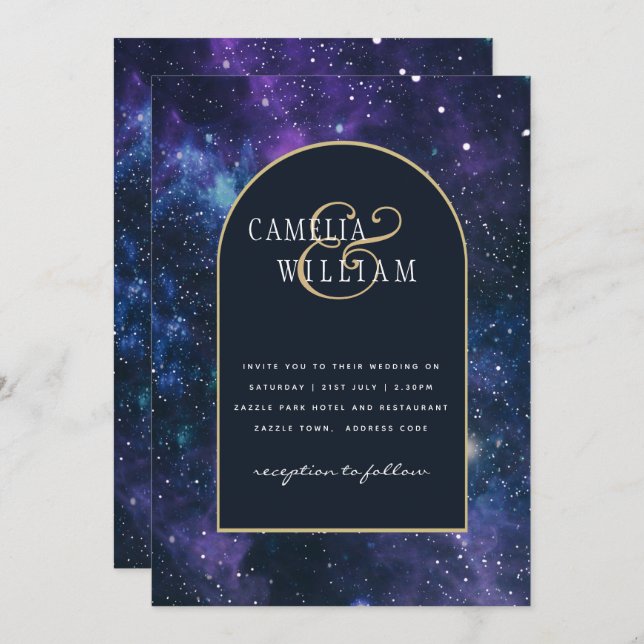Galaxy Starry Night Purple Blue Wedding Invitation (Front/Back)