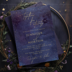 Galaxy Starry Night Sky Blue Purple Gold Wedding Invitation