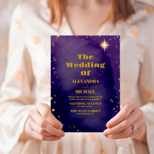 Galaxy Starry Night Sky Blue Purple Gold Wedding Invitation