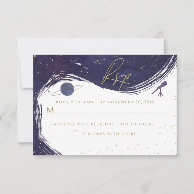 Galaxy Starry Night Sky Blue Purple Gold Wedding RSVP Card (Front)