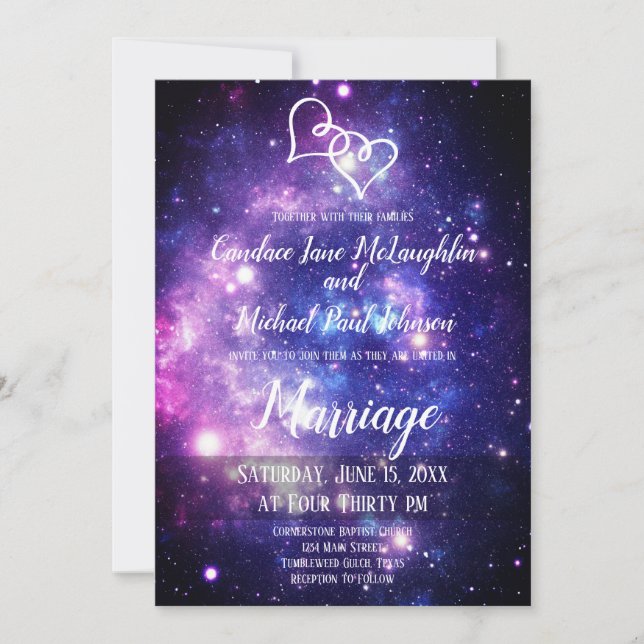 Galaxy Starry Night Space Double Hearts Wedding Invitation (Front)