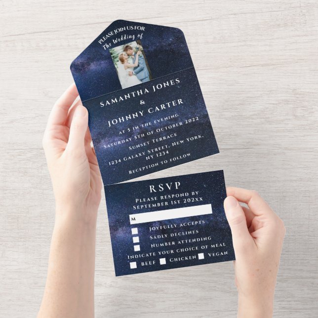 Galaxy Starry Night Stars Sky Wedding Nebula Photo All In One Invitation (Tearaway)