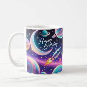 Galaxy-themed happy birthday crescent moon, stars coffee mug