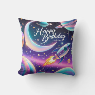 Galaxy-themed happy birthday crescent moon, stars cushion