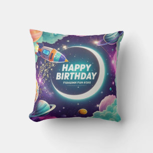 Galaxy-themed happy birthday crescent moon, stars cushion