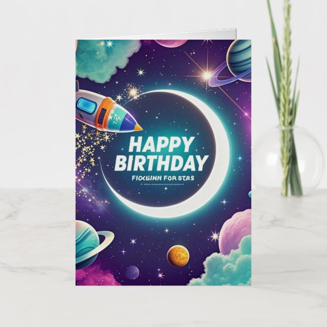 Galaxy-themed happy birthday crescent moon, stars foil greeting card (Front)
