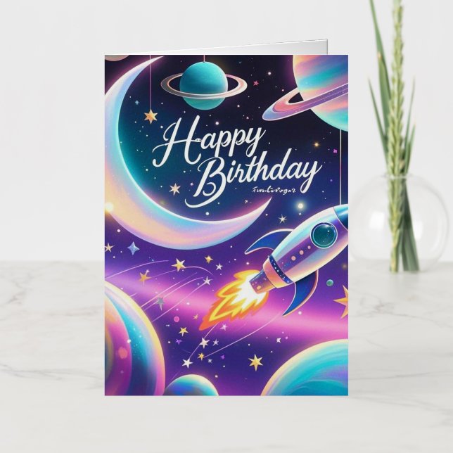 Galaxy-themed happy birthday crescent moon, stars foil greeting card (Front)