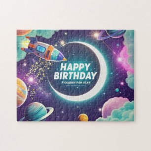 Galaxy-themed happy birthday crescent moon, stars jigsaw puzzle
