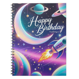 Galaxy-themed happy birthday crescent moon, stars notebook