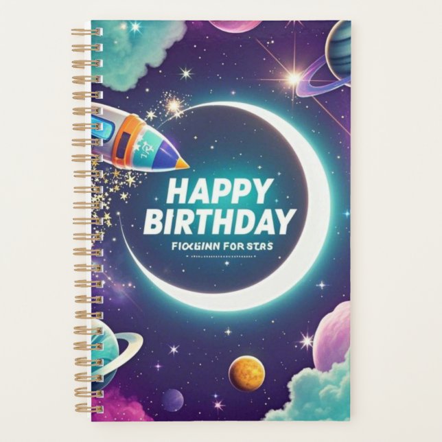 Galaxy-themed happy birthday crescent moon, stars planner (Front)