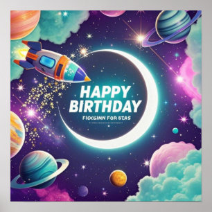 Galaxy-themed happy birthday crescent moon, stars poster