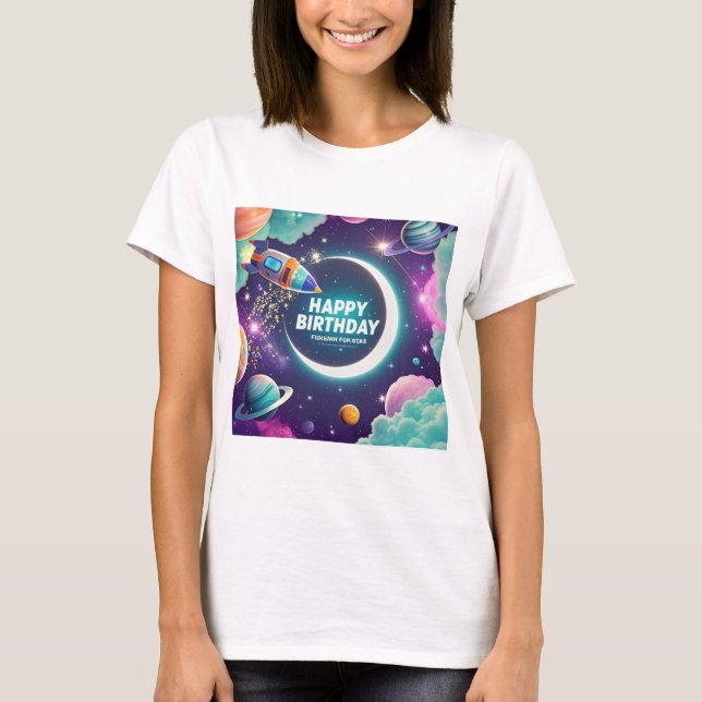 Galaxy-themed happy birthday crescent moon, stars T-Shirt (Front)