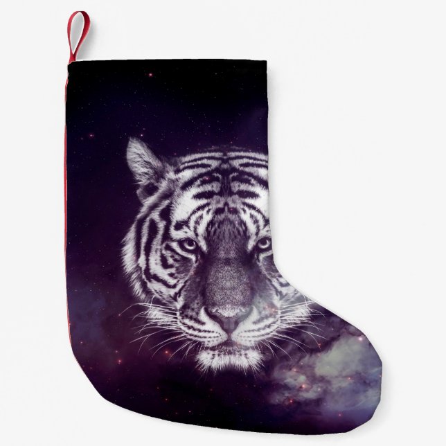 Galaxy Tiger Face Wallpaper Small Christmas Stocking (Front)