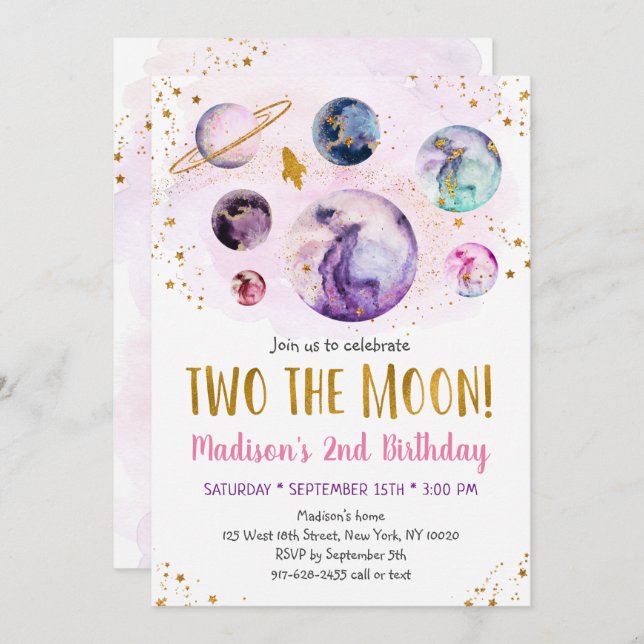 Galaxy Two The Moon Pink Gold Outer Space Birthday Invitation (Front/Back)