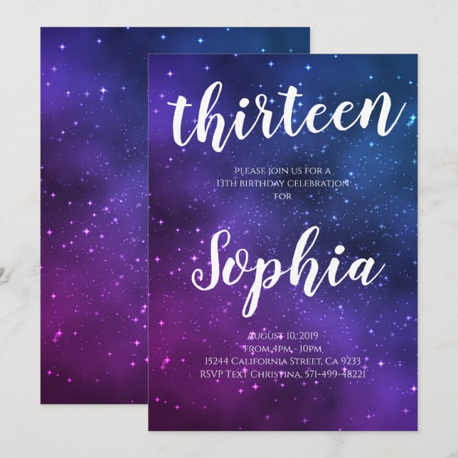 Galaxy Universe Purple Stars Girl Space Birthday Invitation (Front/Back)
