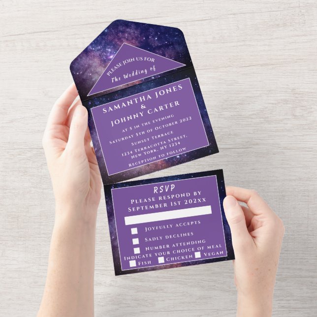 Galaxy Universe Stars Sky Wedding Space Purple All In One Invitation (Tearaway)