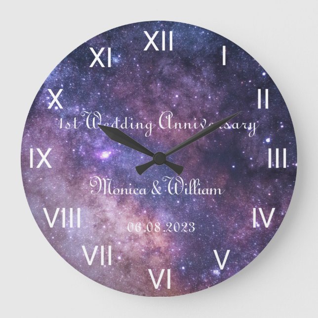 Galaxy Wedding Paper Anniversary Roman Numbers Large Clock (Front)