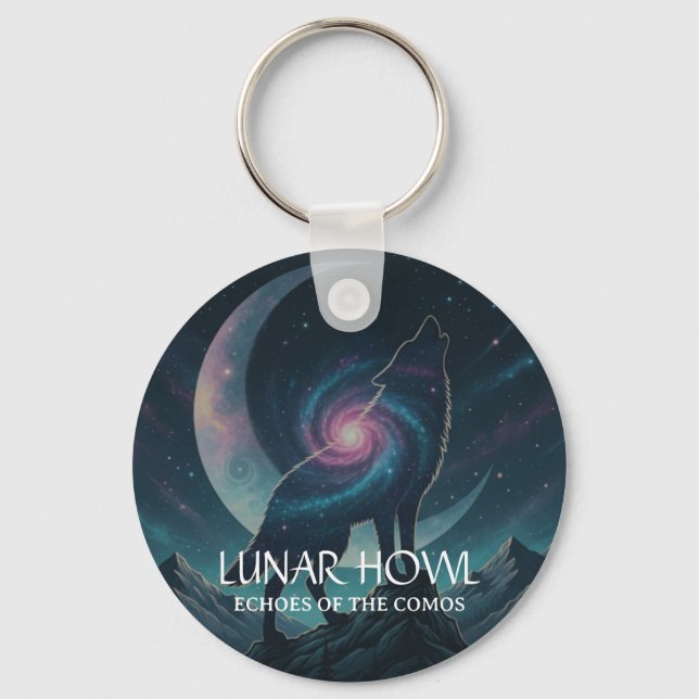 Galaxy Wolf Silhouette with Mystical Nebula Moon Key Ring (Front)