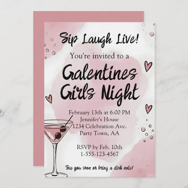 Galentine Girls Night Out Martini Pink and Black Invitation (Front/Back)