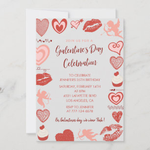 Galentine invitation pink and red brunch hearts
